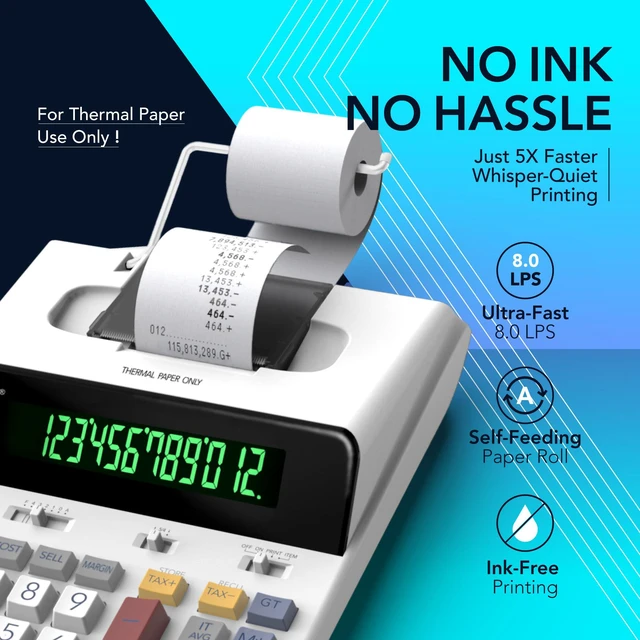 Alt view image 2 of 6 - 12 Digit Thermal Printing Calculator with Tape Print Out, Ink-Free Adding Machine, 5X Faster Quite at 8.0 LPS, Extra Large Fluorescent Display, Tax Calculation with Clock and Calendar, SP-2401
