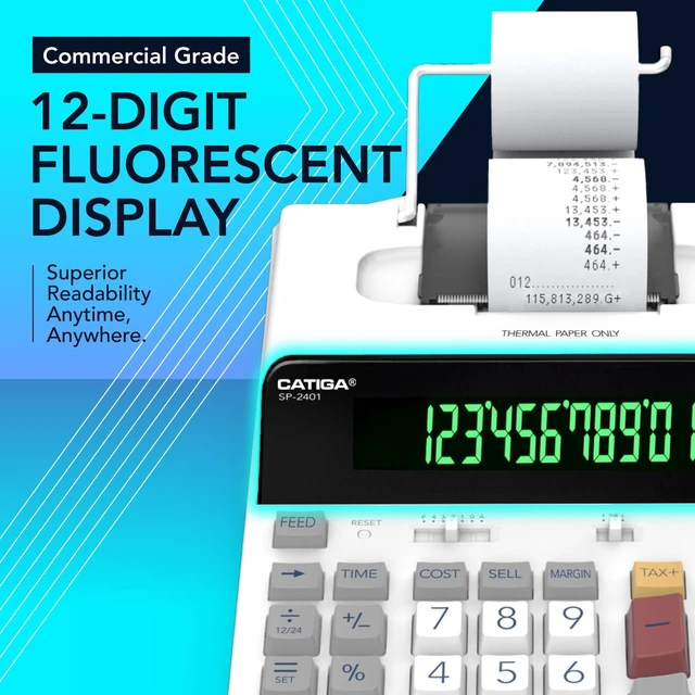 Alt view image 3 of 6 - 12 Digit Thermal Printing Calculator with Tape Print Out, Ink-Free Adding Machine, 5X Faster Quite at 8.0 LPS, Extra Large Fluorescent Display, Tax Calculation with Clock and Calendar, SP-2401