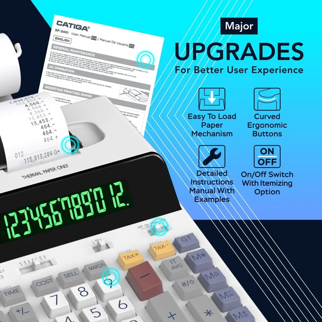 Alt view image 4 of 6 - 12 Digit Thermal Printing Calculator with Tape Print Out, Ink-Free Adding Machine, 5X Faster Quite at 8.0 LPS, Extra Large Fluorescent Display, Tax Calculation with Clock and Calendar, SP-2401