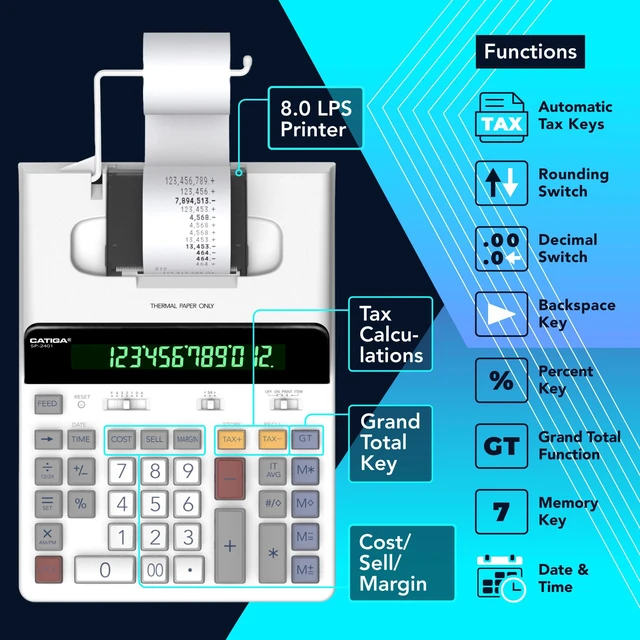 Alt view image 5 of 6 - 12 Digit Thermal Printing Calculator with Tape Print Out, Ink-Free Adding Machine, 5X Faster Quite at 8.0 LPS, Extra Large Fluorescent Display, Tax Calculation with Clock and Calendar, SP-2401