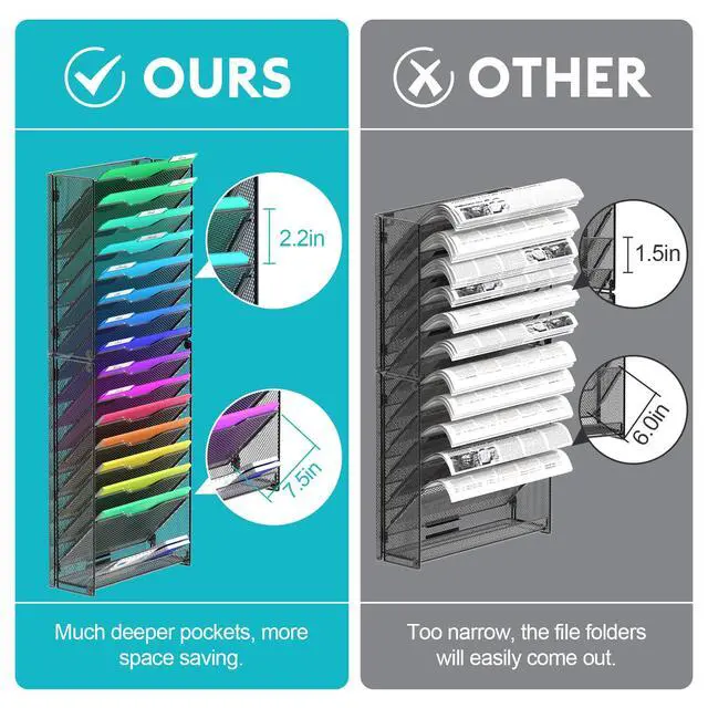 Alt view image 6 of 6 - 2 Pack 16 Tier Wall File Organizer Hanging Wall File Holder Wall Mount Paper Folder Organizer, Magazine Rack, Pack of 2
