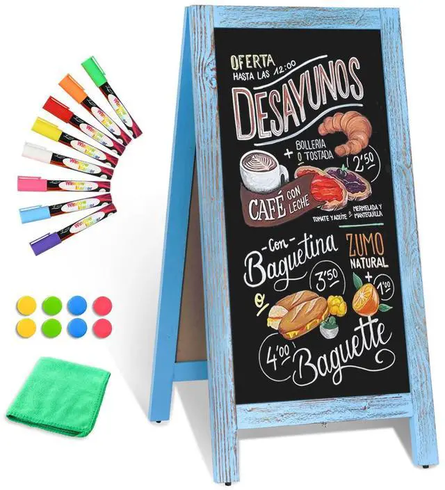 Main image of Double-Sided Magnetic 40" x 20" Blue Chalk Board Sign Board | Wooden A-Frame Sign, Sandwich Board Signs Outdoor, Chalkboard Easel, Menu Board for Restaurant, Business or Wedding