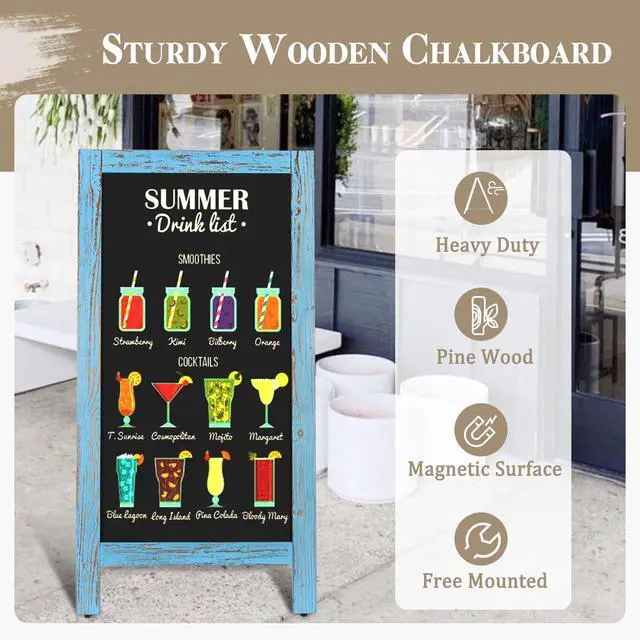 Alt view image 2 of 6 - Double-Sided Magnetic 40" x 20" Blue Chalk Board Sign Board | Wooden A-Frame Sign, Sandwich Board Signs Outdoor, Chalkboard Easel, Menu Board for Restaurant, Business or Wedding