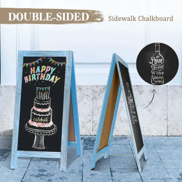 Alt view image 3 of 6 - Double-Sided Magnetic 40" x 20" Blue Chalk Board Sign Board | Wooden A-Frame Sign, Sandwich Board Signs Outdoor, Chalkboard Easel, Menu Board for Restaurant, Business or Wedding