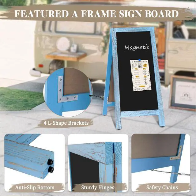 Alt view image 4 of 6 - Double-Sided Magnetic 40" x 20" Blue Chalk Board Sign Board | Wooden A-Frame Sign, Sandwich Board Signs Outdoor, Chalkboard Easel, Menu Board for Restaurant, Business or Wedding