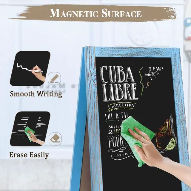 Alt view image 5 of 6 - Double-Sided Magnetic 40" x 20" Blue Chalk Board Sign Board | Wooden A-Frame Sign, Sandwich Board Signs Outdoor, Chalkboard Easel, Menu Board for Restaurant, Business or Wedding