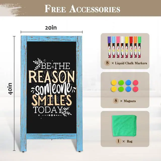Alt view image 6 of 6 - Double-Sided Magnetic 40" x 20" Blue Chalk Board Sign Board | Wooden A-Frame Sign, Sandwich Board Signs Outdoor, Chalkboard Easel, Menu Board for Restaurant, Business or Wedding