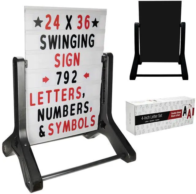 Main image of Swinging Changeable Message Sidewalk Sign: 24" x 36" Sign with 792 Pre-Cut Double Sided Letters and Storage Box. Includes Black Board & Letter Board (Black Color Legs)