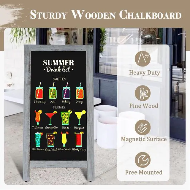 Alt view image 2 of 6 - Double-Sided Magnetic 40" x 20" Gray Chalk Board Sign Board | Wooden A-Frame Sign, Sandwich Board Signs Outdoor, Chalkboard Easel, Menu Board for Restaurant, Business or Wedding