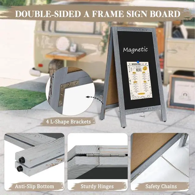 Alt view image 4 of 6 - Double-Sided Magnetic 40" x 20" Gray Chalk Board Sign Board | Wooden A-Frame Sign, Sandwich Board Signs Outdoor, Chalkboard Easel, Menu Board for Restaurant, Business or Wedding