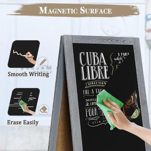 Alt view image 5 of 6 - Double-Sided Magnetic 40" x 20" Gray Chalk Board Sign Board | Wooden A-Frame Sign, Sandwich Board Signs Outdoor, Chalkboard Easel, Menu Board for Restaurant, Business or Wedding