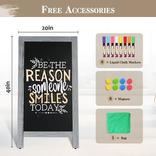Alt view image 6 of 6 - Double-Sided Magnetic 40" x 20" Gray Chalk Board Sign Board | Wooden A-Frame Sign, Sandwich Board Signs Outdoor, Chalkboard Easel, Menu Board for Restaurant, Business or Wedding