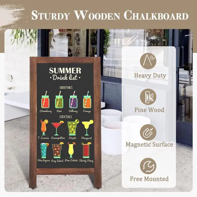 Alt view image 2 of 6 - Wooden A Frame Sign, 40" x 20" Brown Magnetic Sandwich Chalk Board | Double-sides Black Chalkboard Easel Signs, Outdoor Menu Sidewalk Sign for Bussiness, Restaurant, catering supplies