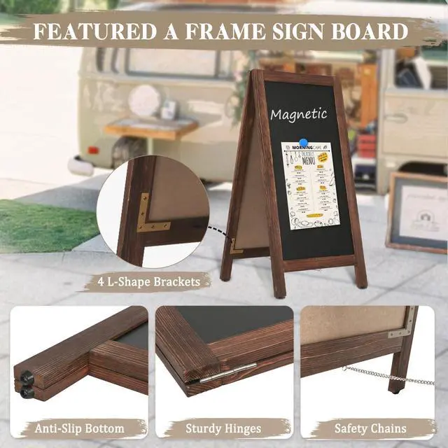 Alt view image 4 of 6 - Wooden A Frame Sign, 40" x 20" Brown Magnetic Sandwich Chalk Board | Double-sides Black Chalkboard Easel Signs, Outdoor Menu Sidewalk Sign for Bussiness, Restaurant, catering supplies