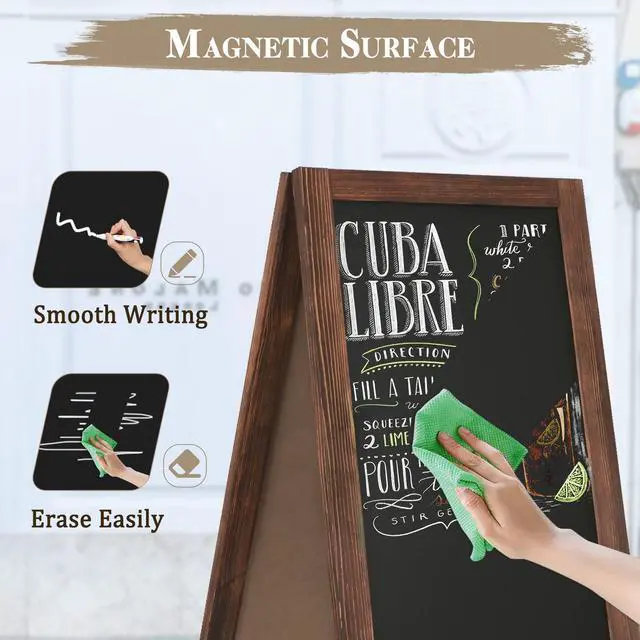 Alt view image 5 of 6 - Wooden A Frame Sign, 40" x 20" Brown Magnetic Sandwich Chalk Board | Double-sides Black Chalkboard Easel Signs, Outdoor Menu Sidewalk Sign for Bussiness, Restaurant, catering supplies
