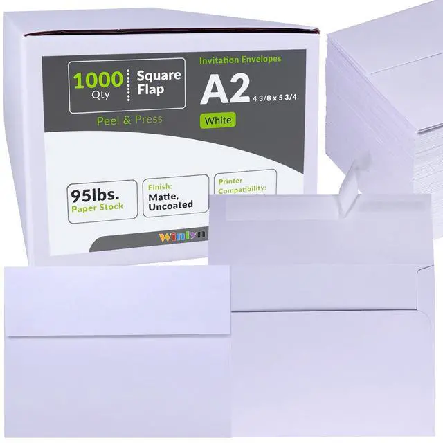 Main image of 1000 Pcs White A2 Invitation Envelopes, Peel & Press Self Seal, 4 3/8 x 5 3/4 Square Flap, RSVP & Return Envelopes, 95lb. Paper, Perfect for Announcements, Greeting Cards, Letters