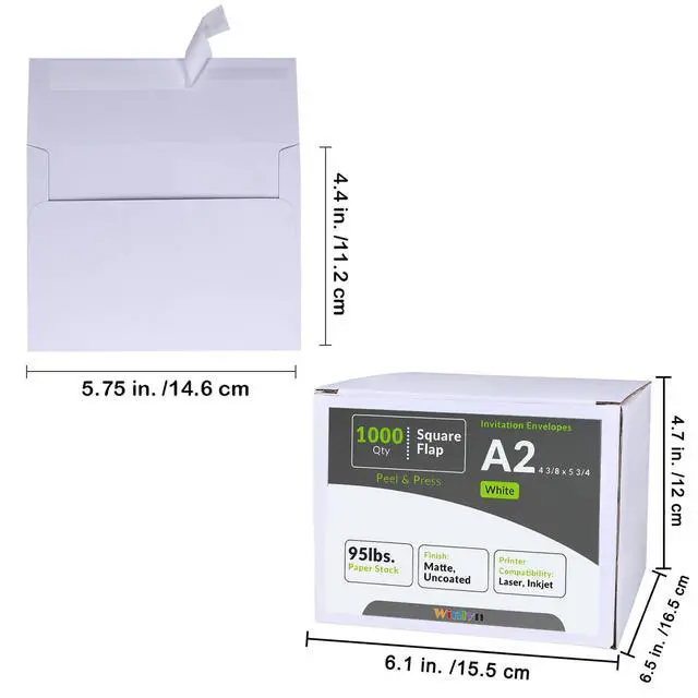 Alt view image 4 of 6 - 1000 Pcs White A2 Invitation Envelopes, Peel & Press Self Seal, 4 3/8 x 5 3/4 Square Flap, RSVP & Return Envelopes, 95lb. Paper, Perfect for Announcements, Greeting Cards, Letters