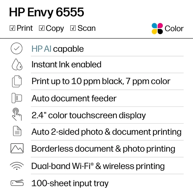 Alt view image 2 of 6 - Envy 6555 Wireless All-in-One Color Inkjet Printer, Print, Scan, Copy, Duplex Printing Best-for-Home, 3 Month Trial of Instant Ink Included, AI-Capable (C2XR6A) Portobello