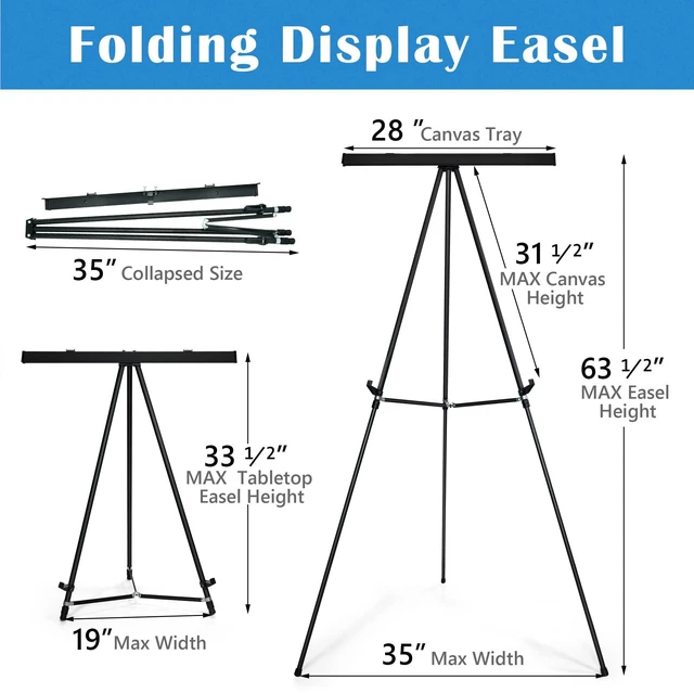 Alt view image 2 of 6 - 63 1/2'' Aluminum Flip Chart Easel Stand, Black,2 Pack | Display Easel with Adjustable Floor for Boardroom, Whiteboard, Paper Pads, Signage