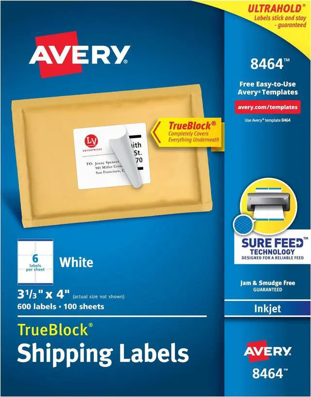 Main image of Printable Shipping Labels, Sure Feed Technology, 3-1/3" x 4", White, 600 Blank Mailing Labels (8464) (Pack of 5)