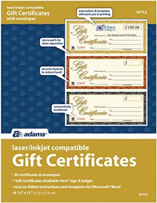Main image of Gift Certificates, Laser/Inkjet Compatible, 3-Up, 30 per Pack with Envelopes (GFTLZ),White (Pack of 12)
