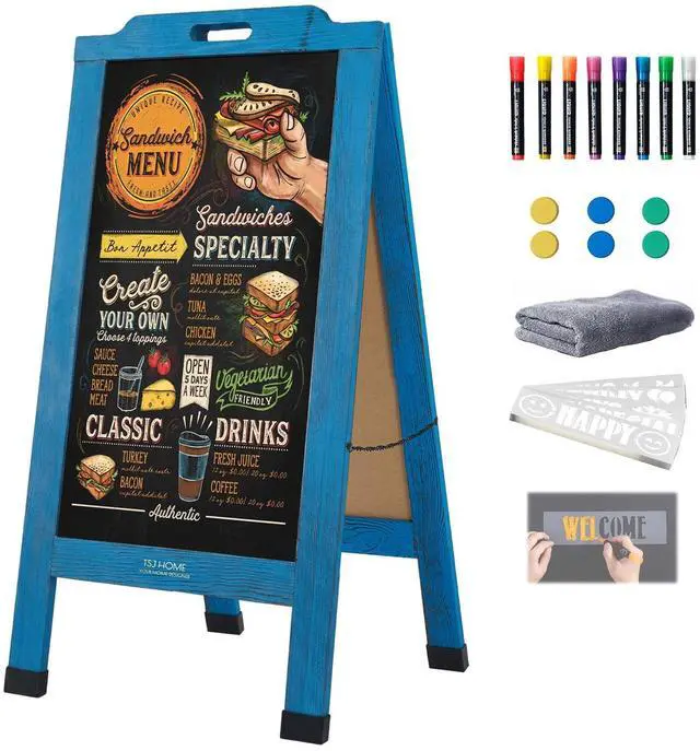 Main image of Magnetic Portable A-Frame Chalkboard Signs, 40" x 20" Large Wood Sandwich Board Signs Outdoor, Double-Sided Sidewalk Standing Chalk Board for Business, Wedding, Vendor Display, Coffee Shope - Blue