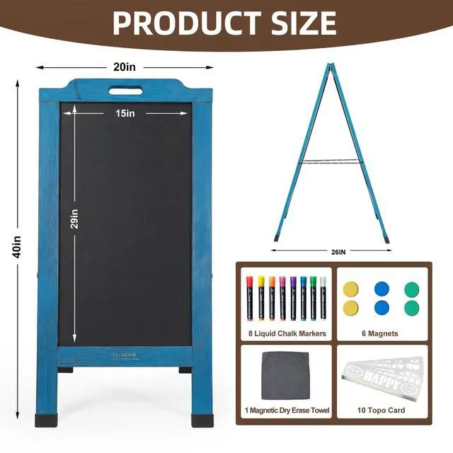 Alt view image 2 of 6 - Magnetic Portable A-Frame Chalkboard Signs, 40" x 20" Large Wood Sandwich Board Signs Outdoor, Double-Sided Sidewalk Standing Chalk Board for Business, Wedding, Vendor Display, Coffee Shope - Blue