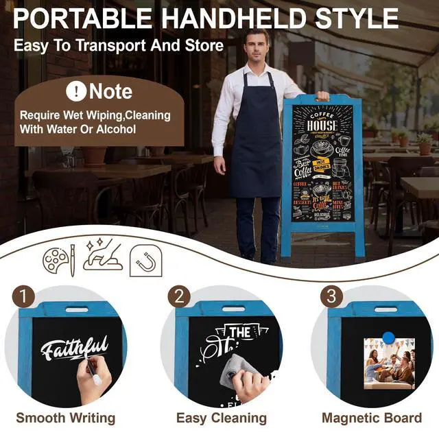Alt view image 3 of 6 - Magnetic Portable A-Frame Chalkboard Signs, 40" x 20" Large Wood Sandwich Board Signs Outdoor, Double-Sided Sidewalk Standing Chalk Board for Business, Wedding, Vendor Display, Coffee Shope - Blue