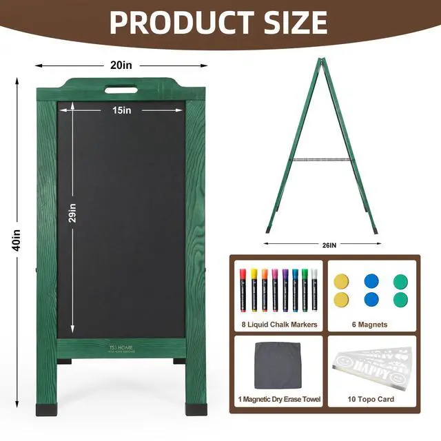 Alt view image 2 of 6 - Magnetic Portable A-Frame Chalkboard Signs, 40" x 20" Large Wood Sandwich Board Signs Outdoor, Double-Sided Sidewalk Standing Chalk Board for Business, Wedding, Vendor Display, Coffee Shope - Green