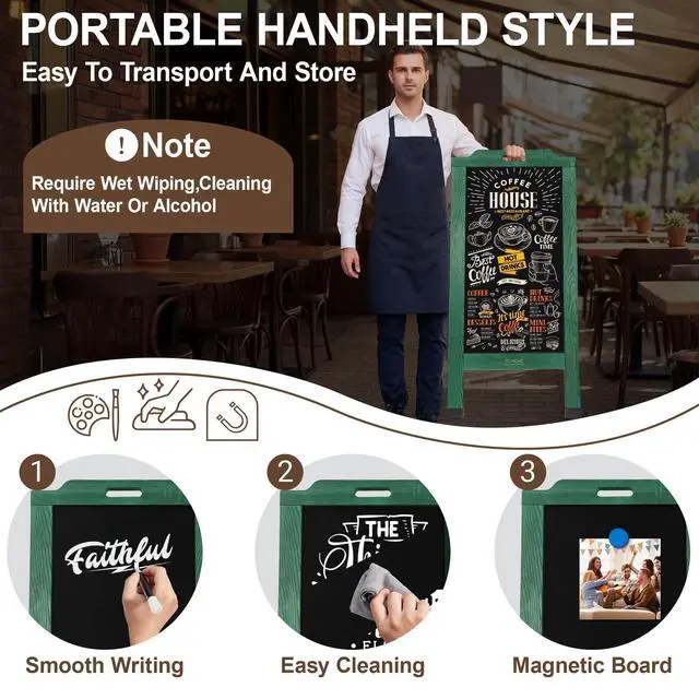 Alt view image 3 of 6 - Magnetic Portable A-Frame Chalkboard Signs, 40" x 20" Large Wood Sandwich Board Signs Outdoor, Double-Sided Sidewalk Standing Chalk Board for Business, Wedding, Vendor Display, Coffee Shope - Green