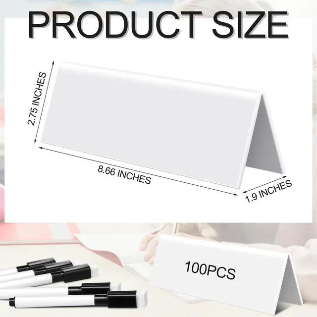 Alt view image 2 of 6 - 100 Sets Dry Erase Name Tent Cards with Black Markers 8.7 x 2.8 x 1.9 Inches White Reusable Name Plate Wipe Clean Desk Tags Sign for Classroom Table Office Conference Meeting Weddings