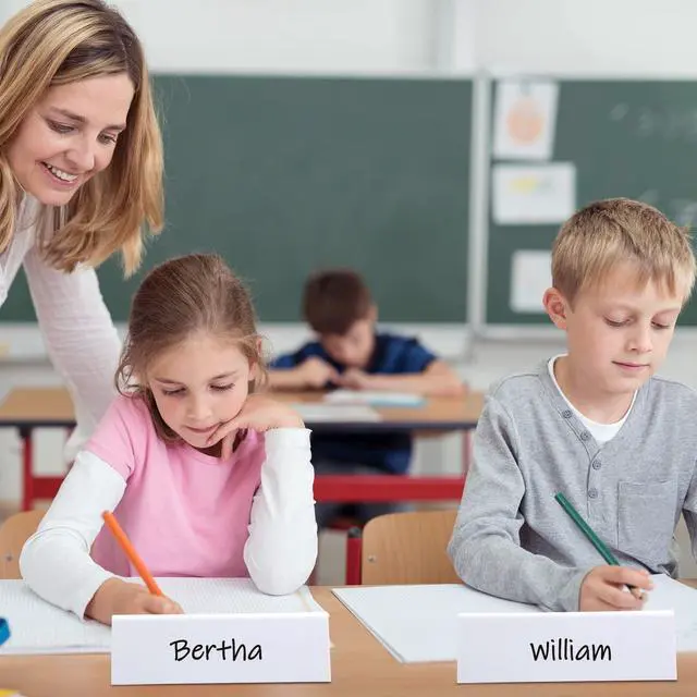 Alt view image 4 of 6 - 100 Sets Dry Erase Name Tent Cards with Black Markers 8.7 x 2.8 x 1.9 Inches White Reusable Name Plate Wipe Clean Desk Tags Sign for Classroom Table Office Conference Meeting Weddings