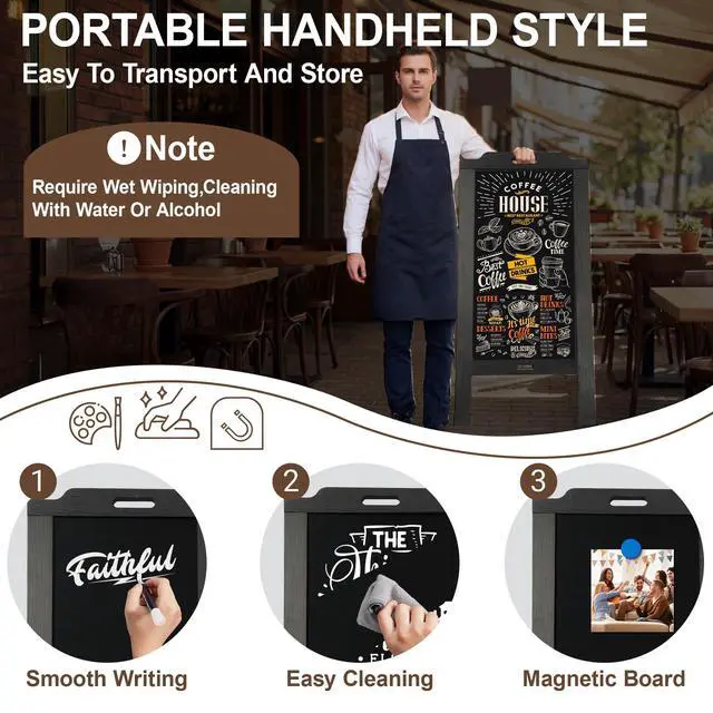 Alt view image 3 of 6 - Magnetic Portable A-Frame Chalkboard Signs, 40" x 20" Large Wood Sandwich Board Signs Outdoor, Double-Sided Sidewalk Standing Chalk Board for Business, Wedding, Vendor Display, Coffee Shope - Black