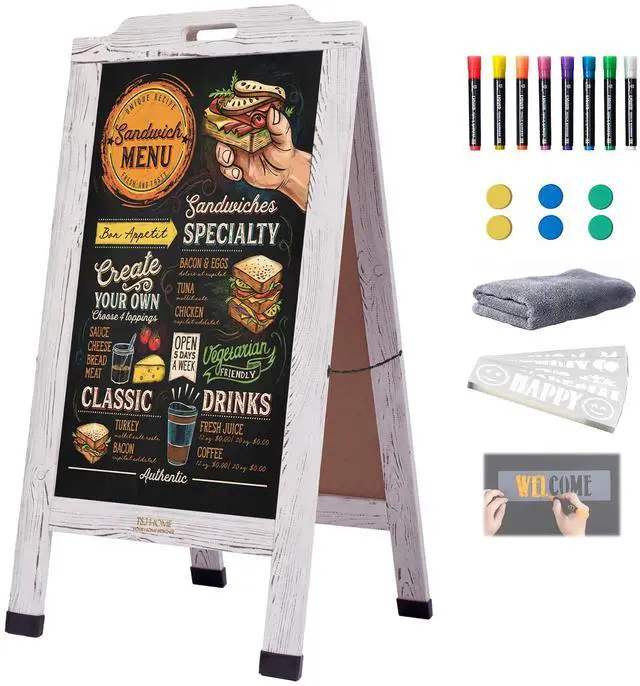 Main image of Magnetic Portable A-Frame Chalkboard Signs, 40" x 20" Large Wood Sandwich Board Signs Outdoor, Double-Sided Sidewalk Standing Chalk Board for Business, Wedding, Vendor Display, Coffee Shope - White