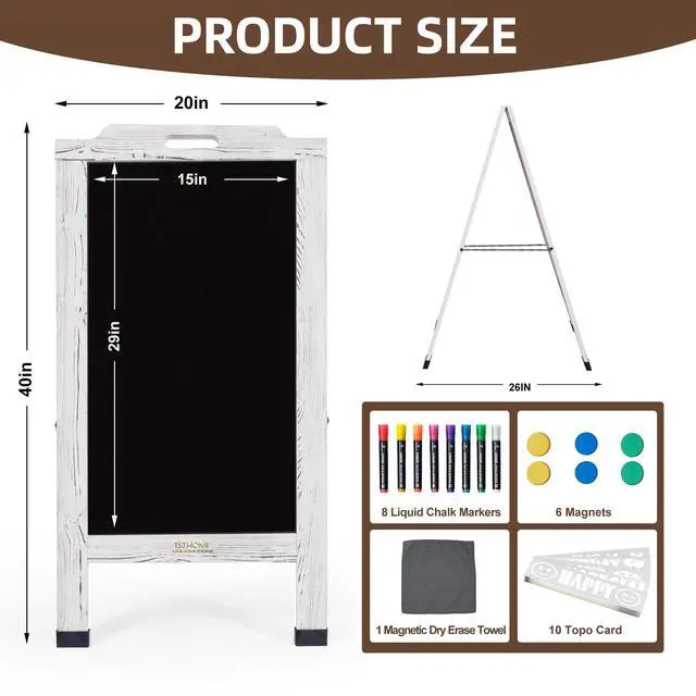 Alt view image 2 of 6 - Magnetic Portable A-Frame Chalkboard Signs, 40" x 20" Large Wood Sandwich Board Signs Outdoor, Double-Sided Sidewalk Standing Chalk Board for Business, Wedding, Vendor Display, Coffee Shope - White