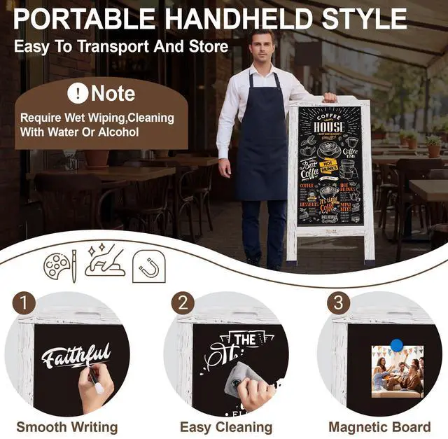 Alt view image 3 of 6 - Magnetic Portable A-Frame Chalkboard Signs, 40" x 20" Large Wood Sandwich Board Signs Outdoor, Double-Sided Sidewalk Standing Chalk Board for Business, Wedding, Vendor Display, Coffee Shope - White