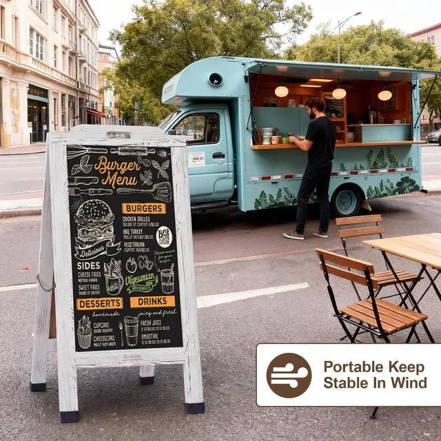 Alt view image 6 of 6 - Magnetic Portable A-Frame Chalkboard Signs, 40" x 20" Large Wood Sandwich Board Signs Outdoor, Double-Sided Sidewalk Standing Chalk Board for Business, Wedding, Vendor Display, Coffee Shope - White