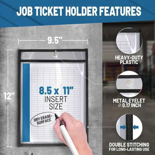 Alt view image 2 of 6 - 50 Pack Job Ticket Holders 8.5x11 - Work Order Plastic Sleeves for Documents - 8 1/2 x 11 Shop Ticket Holders - Heavy Duty Sheet Protectors - Dry Erase Pocket Sleeves - Dry Erase Clear Pocket Sleeve