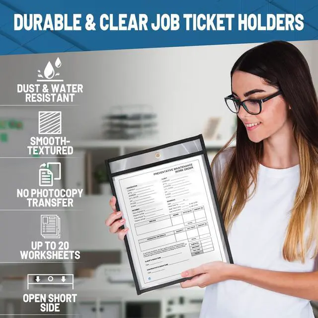 Alt view image 3 of 6 - 50 Pack Job Ticket Holders 8.5x11 - Work Order Plastic Sleeves for Documents - 8 1/2 x 11 Shop Ticket Holders - Heavy Duty Sheet Protectors - Dry Erase Pocket Sleeves - Dry Erase Clear Pocket Sleeve