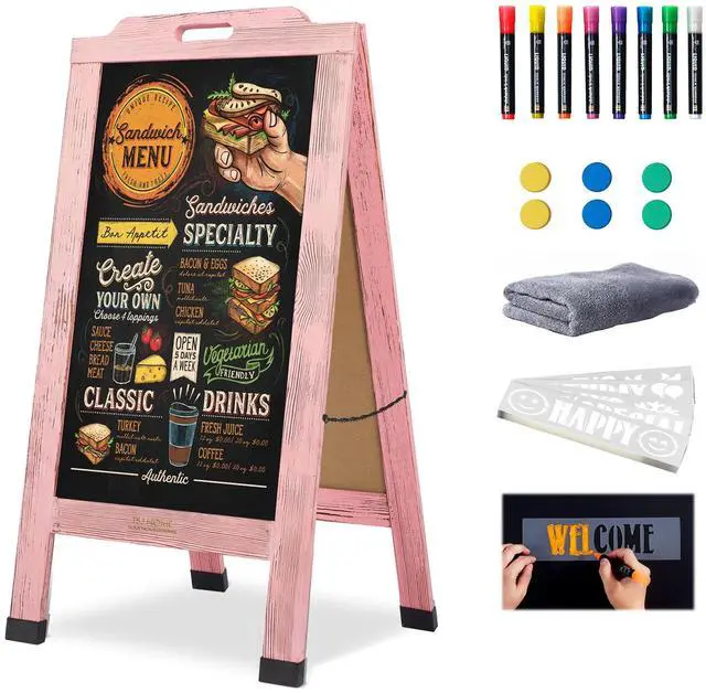 Main image of Magnetic Portable A-Frame Chalkboard Signs, 40" x 20" Large Wood Sandwich Board Signs Outdoor, Double-Sided Sidewalk Standing Chalk Board for Business, Wedding, Vendor Display, Coffee Shope - Pink