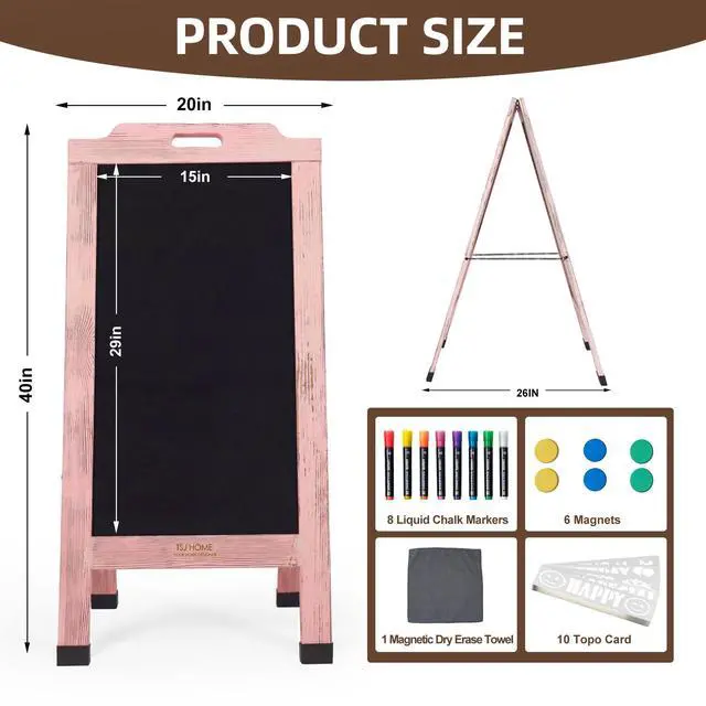 Alt view image 2 of 6 - Magnetic Portable A-Frame Chalkboard Signs, 40" x 20" Large Wood Sandwich Board Signs Outdoor, Double-Sided Sidewalk Standing Chalk Board for Business, Wedding, Vendor Display, Coffee Shope - Pink