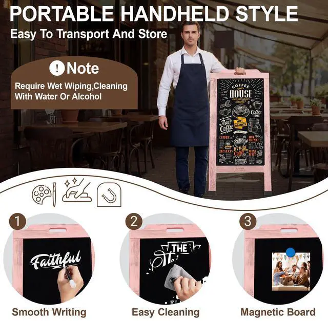 Alt view image 3 of 6 - Magnetic Portable A-Frame Chalkboard Signs, 40" x 20" Large Wood Sandwich Board Signs Outdoor, Double-Sided Sidewalk Standing Chalk Board for Business, Wedding, Vendor Display, Coffee Shope - Pink