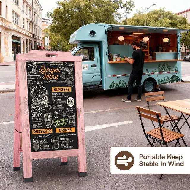 Alt view image 6 of 6 - Magnetic Portable A-Frame Chalkboard Signs, 40" x 20" Large Wood Sandwich Board Signs Outdoor, Double-Sided Sidewalk Standing Chalk Board for Business, Wedding, Vendor Display, Coffee Shope - Pink