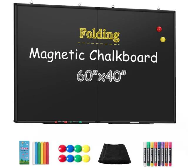 Main image of Folding Magnetic Chalkboard - 60 x 40 Large Black Aluminum Frame Chalk Board Words Sign Wall Decor for Business, Menu, School, Office - Magnet Bulletin Display Board Pizarra