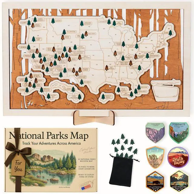 Main image of National Parks Map USA Travel Tracker with Checklist, Pins & Stickers Adventure Gift for Park Lovers, Couples & Families, Bucket List Wall Art Decor