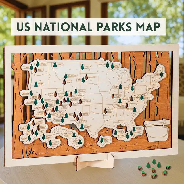 Alt view image 2 of 6 - National Parks Map USA Travel Tracker with Checklist, Pins & Stickers Adventure Gift for Park Lovers, Couples & Families, Bucket List Wall Art Decor