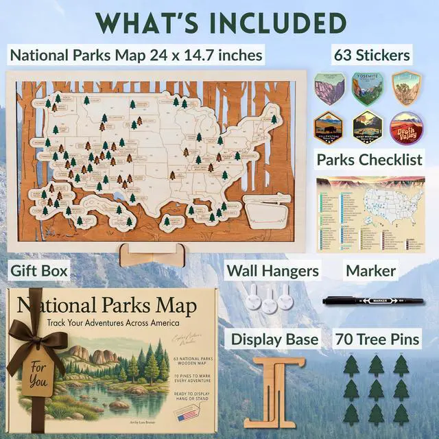 Alt view image 4 of 6 - National Parks Map USA Travel Tracker with Checklist, Pins & Stickers Adventure Gift for Park Lovers, Couples & Families, Bucket List Wall Art Decor
