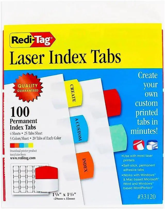 Main image of Laser Index Tabs, Divider Tab, Permanent Adhesive Indexes, Customizable Divider Labels, 1-1/8" x 1-1/4", Assorted Colors, 100 tabs (B33120) (Pack of 12)