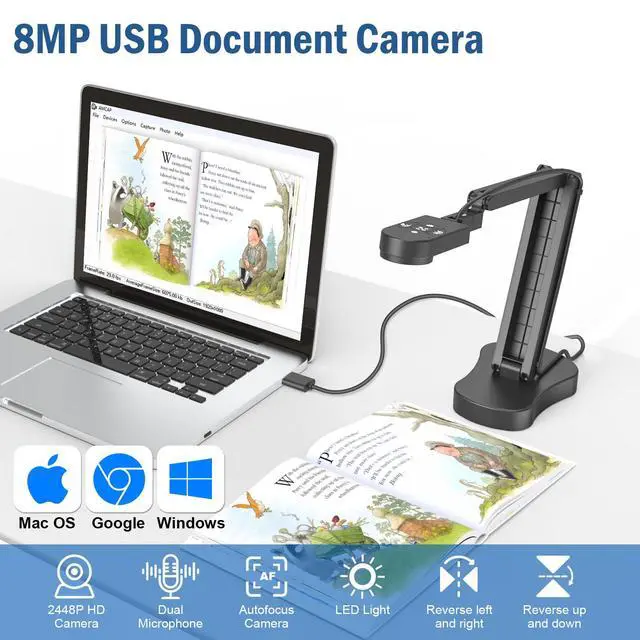 Alt view image 2 of 6 - 8MP USB Document Camera, Auto Focus, LED Light, Image Reversal, Built-in Mic, Mac OS, Windows, Chromebook for Distance Learning, Remote Teaching, Web Conferencing, Live Demo