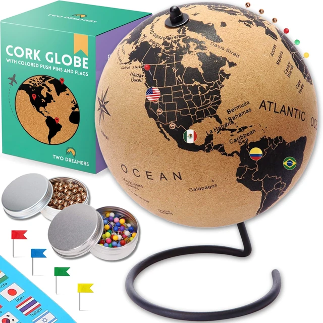 Main image of Large Cork Globe with 300 Push Pins 12.6" Tall | World Travel Map with Metallic, Colored & National Flags Push Pins | 3D World Map Pin Board for Home or Office | Gift for Travelers, Couples & Families